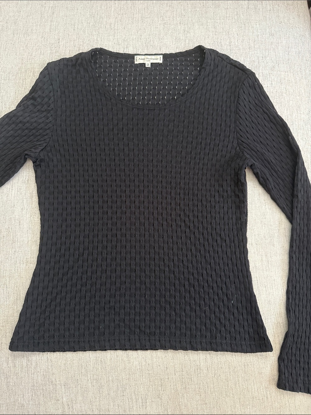 Anne Fontaine Black Textured Long Sleeve Crewneck Top